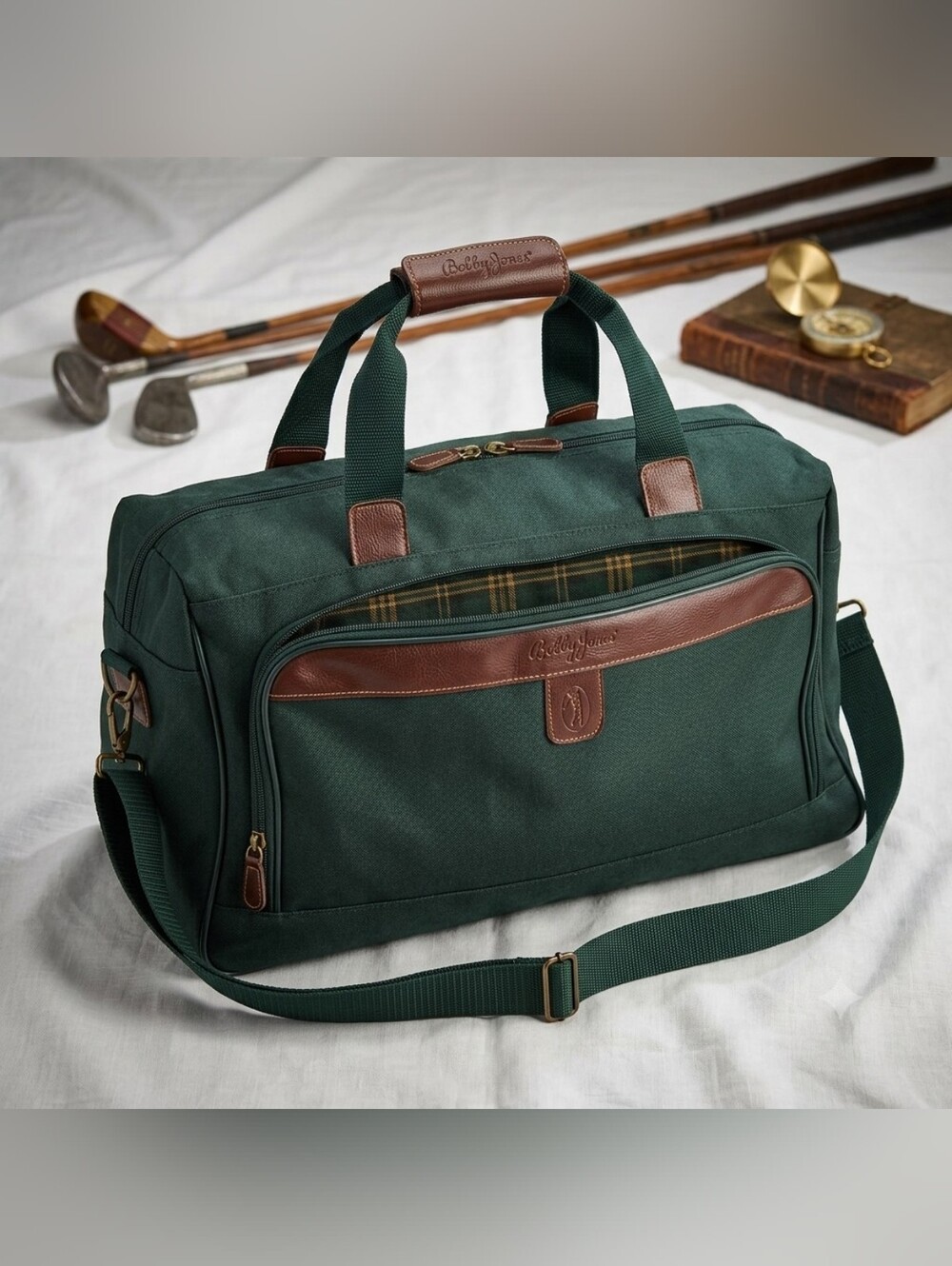 Bobby Jones Golf Travel Duffel Bag Green Canvas Leather Trim Weekender Carry-On